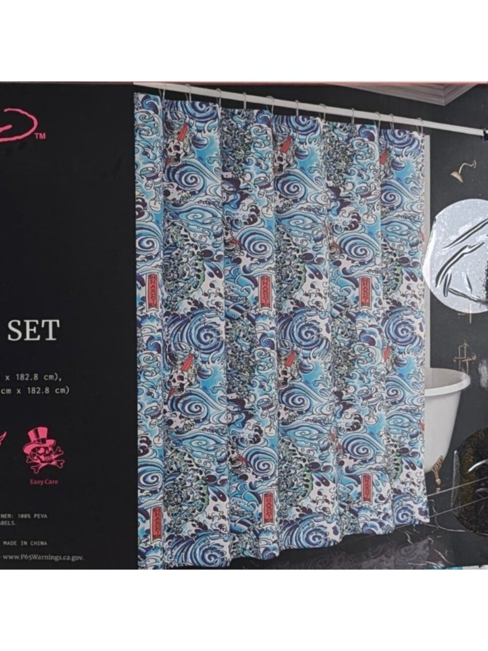 Ed Hardy Blue Ocean Wave Skulls Shower Curtain Set w 14 Piece Hooks & Liner
